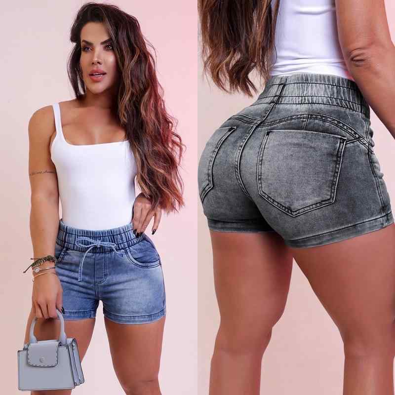 デニム ショートパンツ 女性用 高腰 包臀 伸縮性 ミッドウェイト コットン ポリエステル 素材 ストラップ デザイン ストリート スタイル セクシー フィット ミッド ラグ ブルー グレー 春夏 シーズン 基本 スタイル ヨーロッパ アメリカ 風