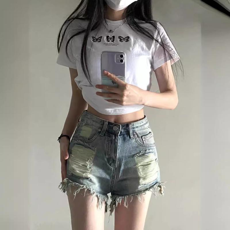デニムショーツ レディース 夏用 ハイウエスト Aライン 破れデザイン ワイドレッグ 熱パン かわいい クール スタイル 復古ブルー ポリエステル混 微弾性 直筒 街頭ファッション セクシー ミッドウェイト 基本スタイル 免?加工 軽量 通勤 普段使い