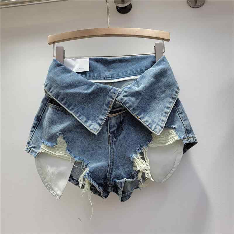 デニム ショートパンツ 女性用 夏 高腰 スリム 効果 ワイドレッグ 破れ デザイン 綿素材 中間 伸縮性 ストリート スタイル 港風 セクシー かわいい ライト ブルー カーキ グレー 系 通勤 普段使い アウトドア 対応 軽量 吸湿速乾 ビッグ シル