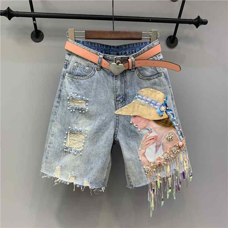 デニム ショートパンツ 女性用 夏 ミディアム丈 ストレート ワイドレッグ ブルー フレッシュ スイート ビーズ フリンジ シースルー 破れ 軽量 伸縮性 吸湿速乾 通勤 普段使い カジュアル デイリー デニム素材 コットン ミックス 膝上丈 涼しい 爽