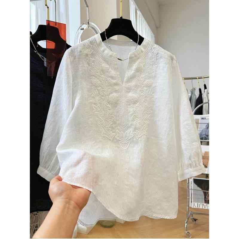 レディース 麻素材 刺繍 七分袖 シャツ 夏用 薄手 フレンチスタイル 気質 トップス ブラウス 切り替え 泡泡袖 Vネック ワイドシルエット ミドル丈 純色 都市通勤 個性街頭 ライトウェイト 吸湿速乾 白色 ネイビー