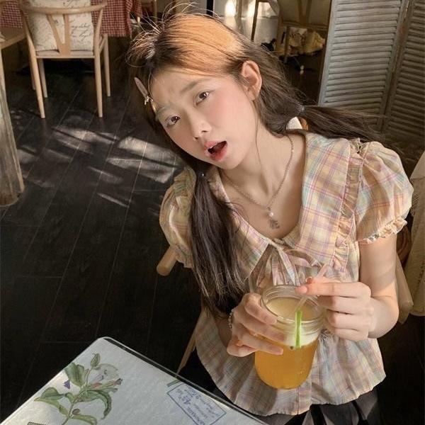 ワンピース レディース 春夏 短袖 シャツ トップス かわいい 娃娃領 ストリップ チェック柄 ポリエステル 再生繊維 ポリエステル セットアップ ルーズフィット 短丈 学生服 気質 通勤 普段使い 快適 軽量 通気性 伸縮性 吸湿速乾 ビッグシルエット