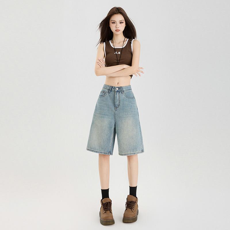 レディース デニムパンツ 夏用 5分丈 女性用 小柄向け ゆったり ストレート 薄手 高腰 ヴィンテージ風 Aライン ワイドレッグ 中丈 コットン混 ポリエステル混 洗い加工 ノンストレッチ ノーアイロン加工 白 ノスタルジックブルー 私服 ガールズスタ