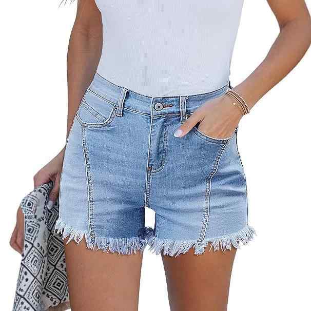 デニムショートパンツ 女性用 高腰 伸縮性 スリム フレア 綿 ポリエステル 軽量 中厚 直筒 ストリートスタイル 快適 夏 ブルー系 グレー系 ブラック 安全 普段使い