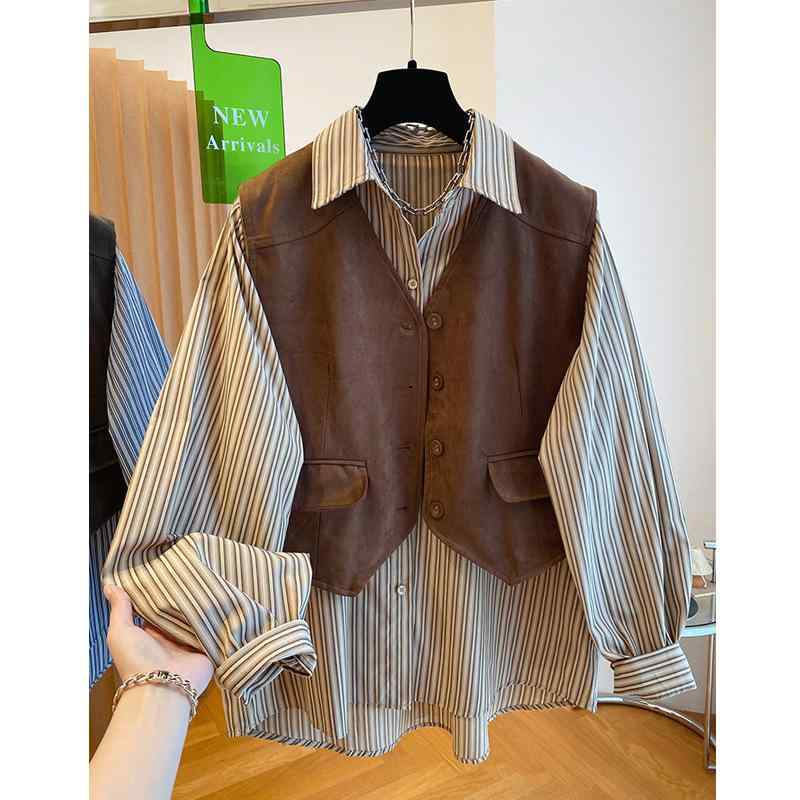 レディース トップス シャツ 馬甲 セット 春夏 秋冬 通勤用 気質スタイル コットン ポリエステル 条紋 格子 柄 ドレープ デザイン 長袖 ゆったり シルエット 超短丈 POLO 襟 ボタン アクセント ブルー ブラウン カラーバリエーション 大きめ