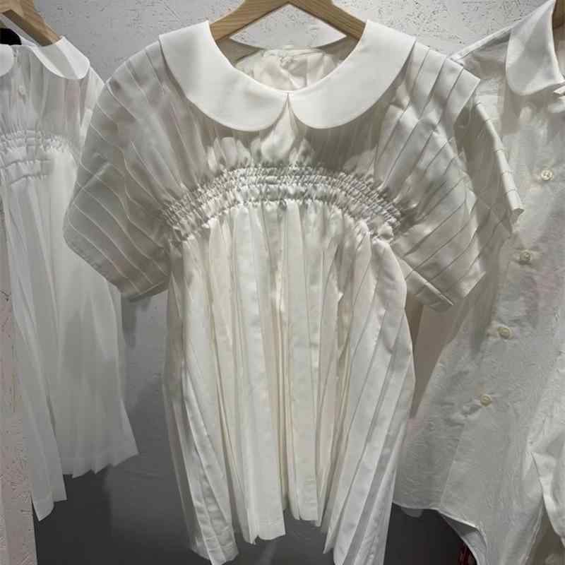 レディース シャツ トップス 春夏 短袖 ドルマンスリーブ 甘め かわいい 減齢 デザイン セットインスリーブ ボタン 装飾 純色 ホワイト 白 ポリエステル 混 スパンデックス ストレッチ 通勤用 気質 スタイル ルーズ フィット 普通丈 セットアップ