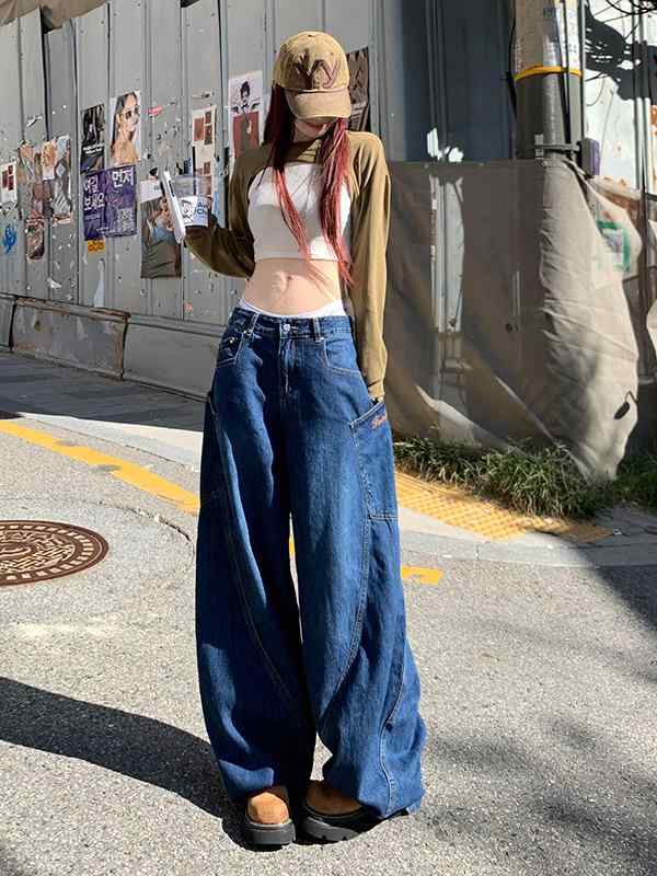 レディース デニムパンツ 女性用 夏 ハイウエスト ワイドレッグ ゆったり デイジーパンツ コットン混 ポリエステル 切り替えデザイン ポケット付き ロング丈 ドロップクロッチ ストリートスタイル 普段使い 通勤 軽量 垂れ感 ミディアム厚 インディゴブ