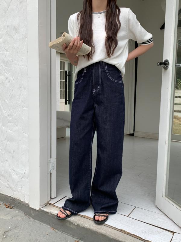 デニムパンツ 女性用 春夏 高腰 ワイドレッグ 直筒 廓形 毛縁 綿混 ポリエステル混 中厚 無弾性 基本款 ロング丈 深青 色落ちしにくい 日韓カジュアル シンプル 個性ストリート 普段使い 軽量 快適 ゆったりシルエット デイリーコーデ