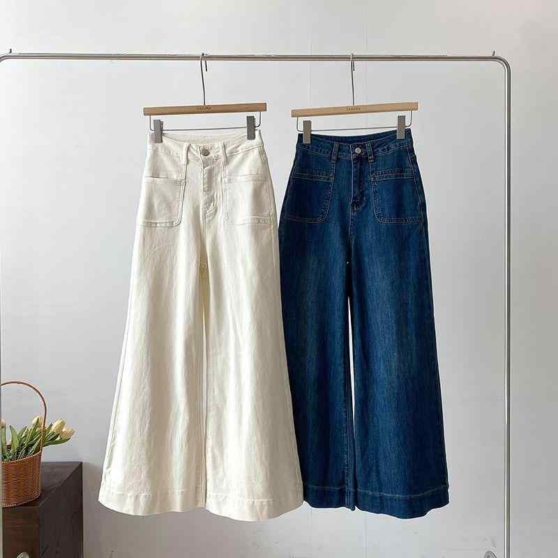 ワイドパンツ 女性用 秋冬 高腰 ワイドレッグ ストレート デニムパンツ 伸縮性 ミディアム厚 ポケット付き 気質 通勤スタイル 都市風 ライトブルー ホワイト ロング丈 ゆったり 砂洗い加工 コットン混 普段使い デイリーウェア カジュアル ハイウエス