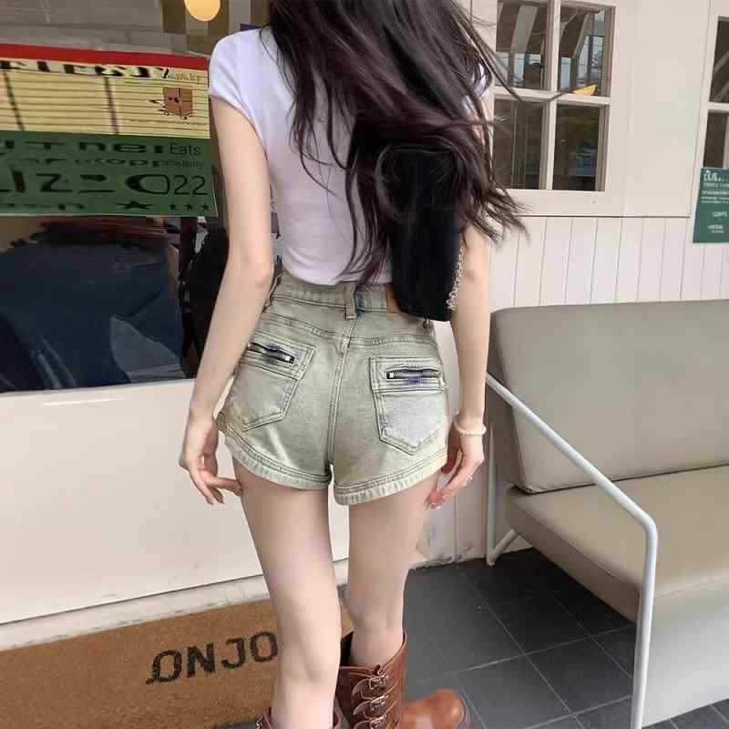 レディース 牛仔パンツ ショートパンツ 春夏 薄手 高腰 直筒 泥黄色 綿混 ポリエステル混 修身シルエット スリムフィット 口袋デザイン 免?加工 気質スタイル 私服 普段使い 軽量 伸縮性 通勤 デート 泥土色 ベージュ系 再生繊維 ハイウエスト ビ
