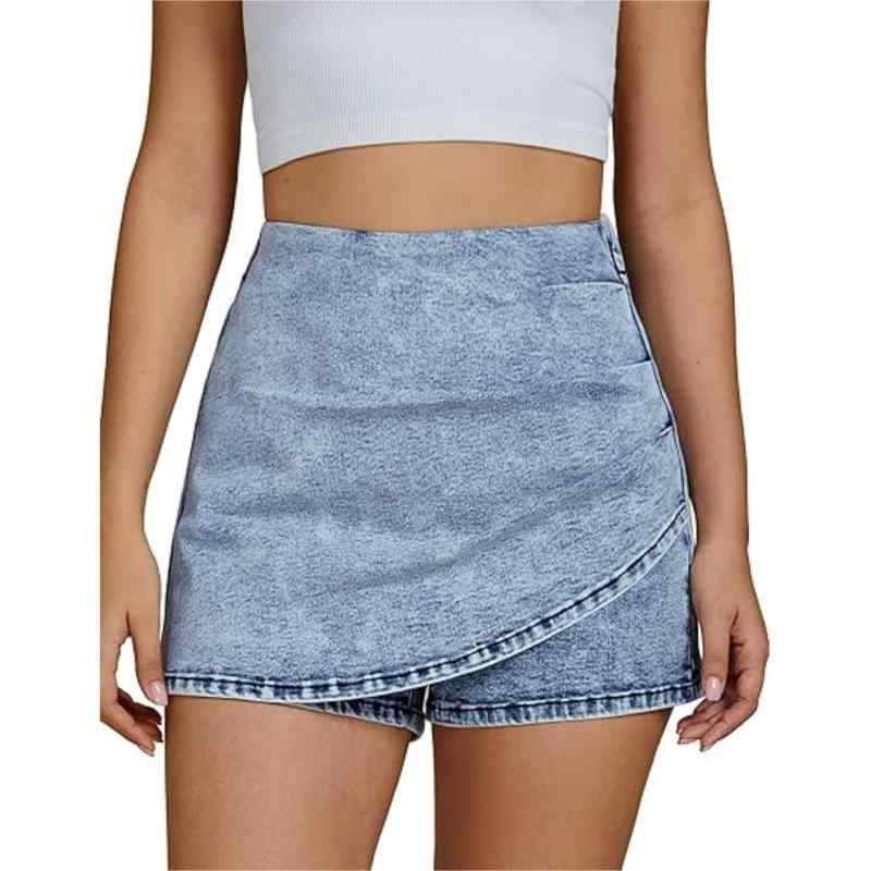 デニムスカート 女性用 高腰 弾力 デニム スカートパンツ 短パン付き 切り替え アシンメトリー ラップスタイル コットン 中厚 通勤 気質 夏 ブラック ライトブルー ダークブルー ロイヤルブルー 伸縮性 吸湿速乾 軽量 普段使い カジュアル
