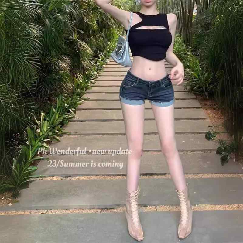 レディース デニム ショートパンツ 夏 低腰 巻き縁 スリムフィット ヒップハグ コットン 微弾性 通勤 気質 薄手 快適 軽量 吸湿速乾 ブルーグレー 巻き脚 タイト ビッグサイズ 対応