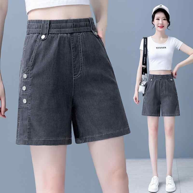 女性用 ショートパンツ デニム 天?混 綿混 薄手 軽量 伸縮性 高腰 ハイウエスト スリム効果 ストレート ワイドシルエット 5分丈 夏用 春夏 通勤 普段使い カジュアル グレー ブルー 日韓風 吸湿速乾 微弾性