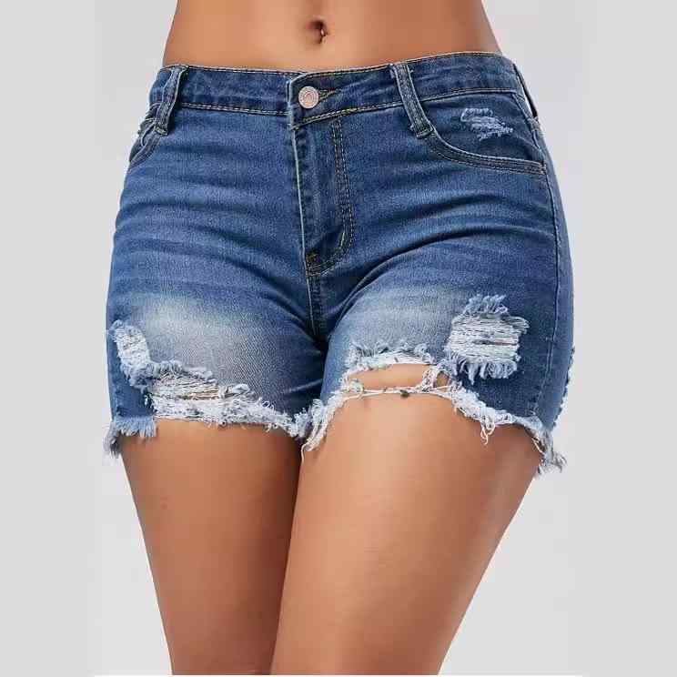 レディース デニム ショートパンツ 直筒型 高腰 破れ加工 フリンジ 薄手 伸縮性 コットン混 紺色 夏用 通勤 通年 気質 カジュアル 快適 軽量 普段使い