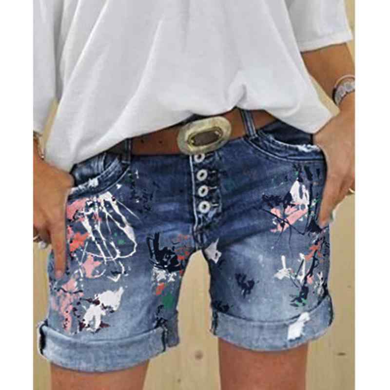 デニム ショートパンツ レディース ハイウエスト ストレッチ コットン ポリエステル ボタン プリント ストレート ミディアムレングス ミディアム厚 通勤 普段使い 気質 タイト プリント柄 グレー ブラック ダークブルー ライトブルー ビッグサイズ 夏