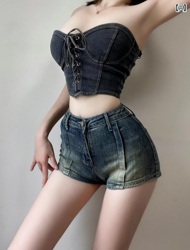 デニム ショートパンツ 女性用 かわいい セクシー デザイン ヴィンテージ 加工 ウエスト シェイプ ボディコン フィット ハイウエスト ブルー コットン 素材 中厚手 ストレッチ 素材 私服 スタイル ワイドレッグ シルエット ボタン ジッパー デザイ