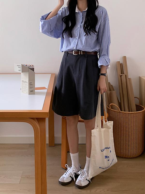 レディース ワイドパンツ ハーフ丈 ハイウエスト ゆったりシルエット 秋 ポケット付き 深グレー ・柑其 カジュアル ポリュエステル 人棉 スパンデックス 混紡 無鉄 加工 日韓 スタイル 軽量 快適 普段使い 通勤 コーデ