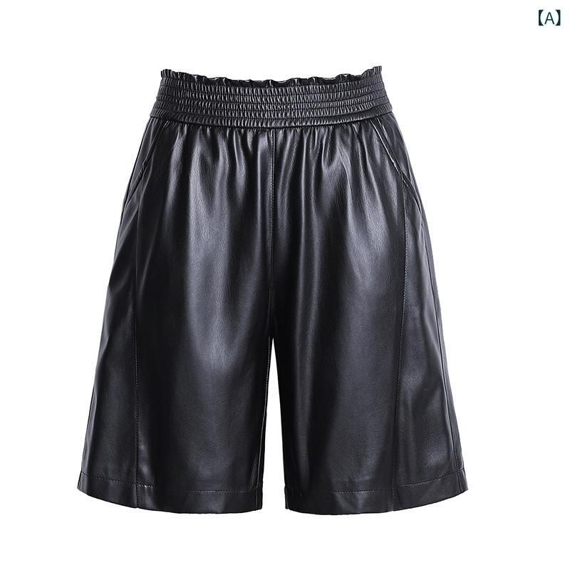 レディース 真皮 ショートパンツ 膝上丈 ブラック 綿羊皮 ハイウエスト 直筒 ストレッチ ポケット 付き 秋冬 私服 スタイル ゆったり シルエット 軽量 素材 吸湿速乾 機能 普段使い 向く 脚長 効果 膝上丈 デザイン シンプル 洗練 感