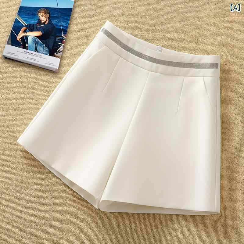 レディース ホワイト 西装風 ショートパンツ 夏 高腰 スリム Aライン 薄手 百搭 休? ワイド 熱? 通勤 通勤風 気質 基本款 微弾 ボタン ポリエステル 切り替え 軽量 伸縮性 吸湿速乾 ハイウエスト ビッグシルエット ブラック グレー ブラウン