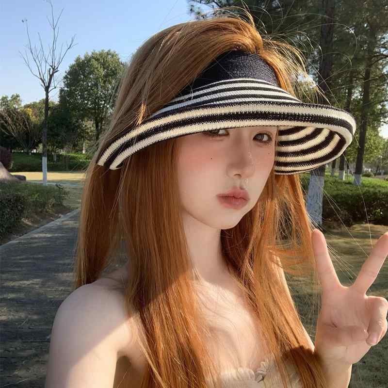 空頂帽子 女性用 春夏 光沢 ストライプ レトロ ビッグブリム 透気 通勤 普段使い 遮陽 防晒 アウトドア 旅行 かき色 ネイビー アクリル繊維 シンプル 機刺繍