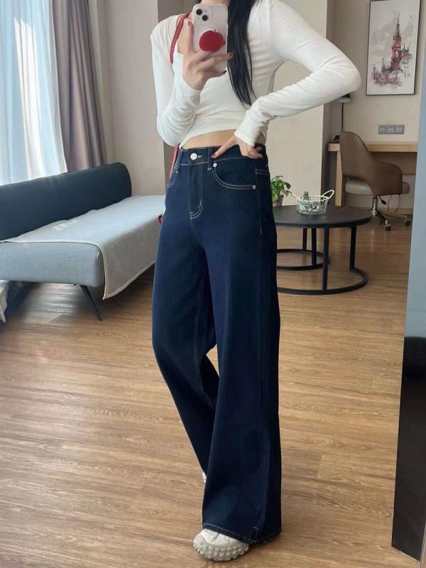 レディース 牛仔パンツ 秋冬 深藍 直筒型 ハイウエスト ワイドレッグ 伸縮性 綿混 防色落ち 加工 ゆったり スリム ロング丈 デニムパンツ トップス 日常使い カジュアルスタイル 軽量 吸湿速乾 加工 韓国風