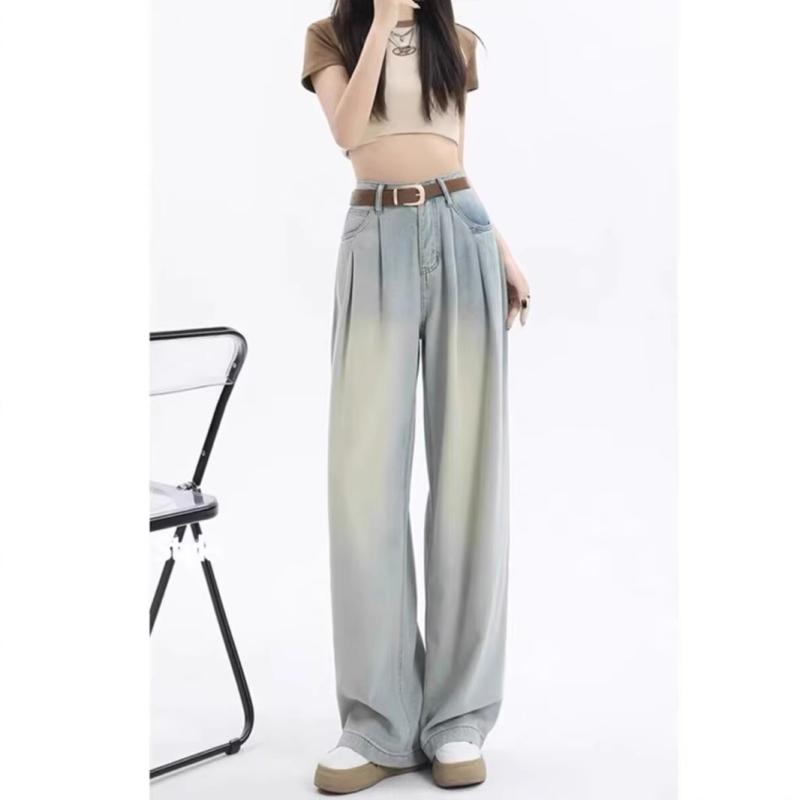 デニムパンツ 女性用 秋冬 コットン素材 高腰 ワイドレッグ プリーツ加工 ヴィンテージ風 ゆったりシルエット ストレート ロング丈 洗い加工 ノンストレッチ 気質 優雅 日常カジュアル 秋用 ミッドウェイト ノスタルジックブルー 復古スタイル