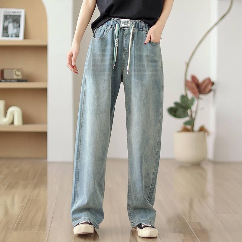 デニムパンツ 女性用 春夏 ハイウエスト ゴムウエスト ドローストリング ワイドレッグ ゆったりストレート 軽量 ポリエステル混 軽いストレッチ ライトブルー カジュアル 都市スタイル 普段使い 通勤対応 接触冷感 吸湿速乾 ノンアイロン