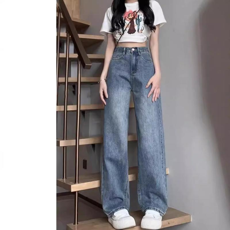 ワイドレギンスパンツ 女性用 春夏 秋冬 通勤風 高腰 直筒 ワイドレッグ コットン混 ポリエステル ミッドウェイト 洗い加工 ポケット ジッパー ボタン 気質スタイル 個性ストリート ノーストレッチ ロング丈 クラシックブルー 垂れ感 ゆったりシルエッ
