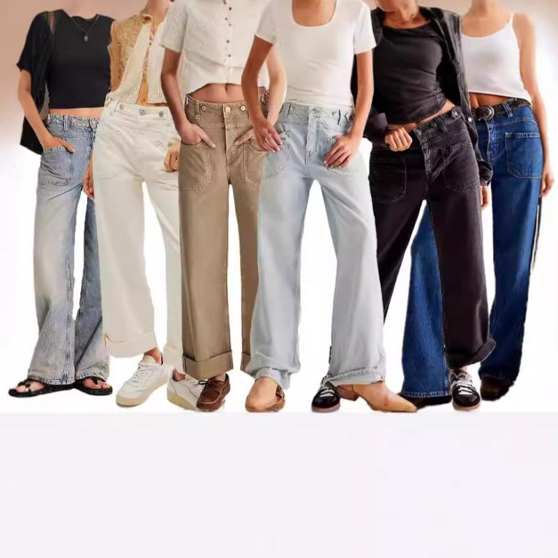 レディース デニムパンツ 秋冬 ストレート ワイドレッグ ミッドライズ 無弾性 コットン 洗い加工 ワークウェア ストリート カジュアル ポケット ディテール ライトブルー ダークブルー カーキ ホワイト スカイブルー ブラック ロング丈 基本スタイル
