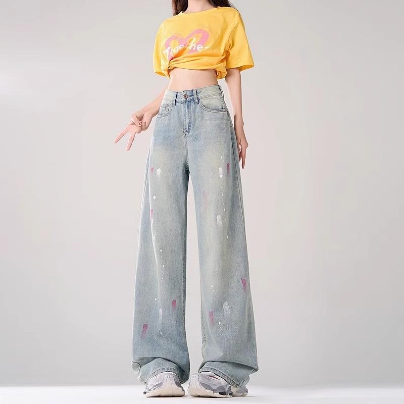 レディース デニムパンツ ワイドレッグ ハイウエスト 直筒型 牛仔布 綿混 ポリエステル混 中厚手 垂感 スリム効果 ゆったりシルエット 日常使い 快適レジャー ヴィンテージブルー 春季 カジュアルスタイル 無弾性 ノーアイロン加工