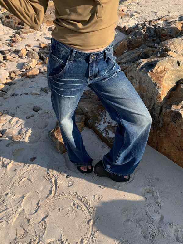 レディース デニムパンツ 直筒 牛仔布 綿素材 高腰 ミッドライズ 春夏 ブルー ストリートスタイル ビンテージ 洗い加工 ロング丈 日常使い 軽量 ゆったりシルエット シンプルデザイン
