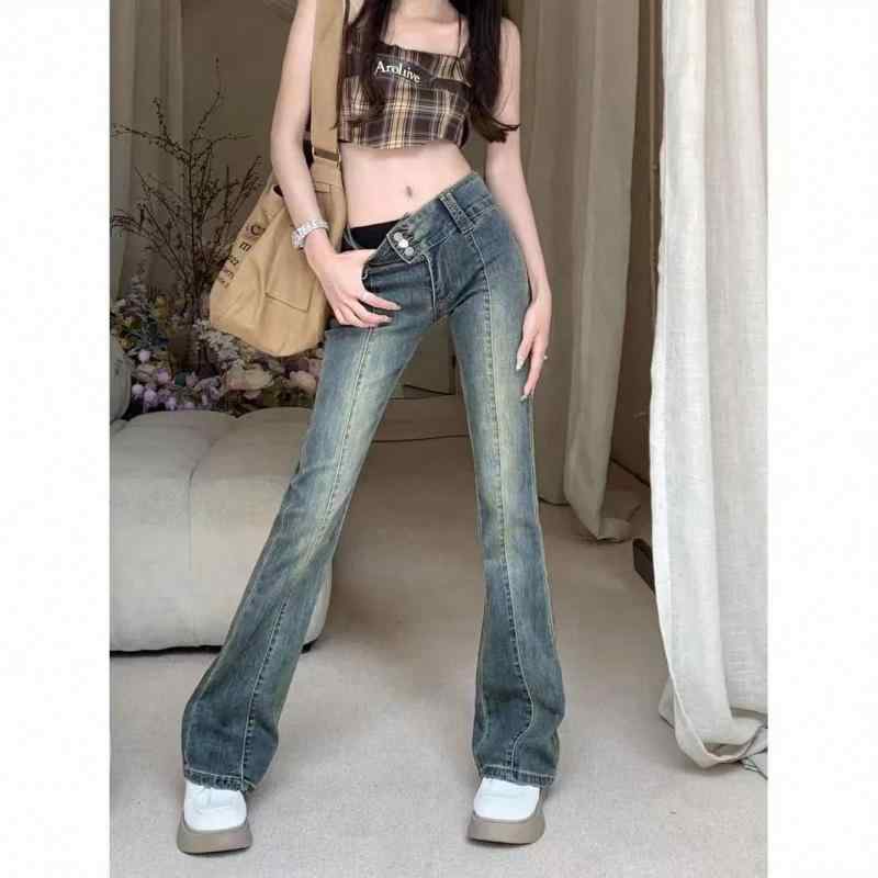 ジーンズ 女性用 秋冬 通勤風 かわいい 復古 直筒 ハイウエスト 微喇 修身 ロングパンツ ミディアム厚 コットン ミッドストレッチ ジッパー ヴィンテージブルー セクシー ガーリー デニムパンツ 伸縮性 ラグジュアリー フィット感 ロング丈 ブルー系