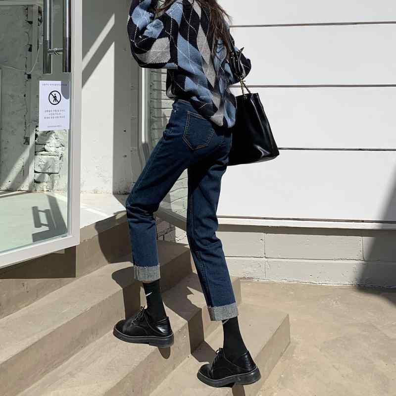 レディース デニムパンツ 直筒 高腰 九分丈 翻辺 ミッドライズ コットン 素材 伸縮性 ミディアム 厚み 都市スタイル 通勤用 気品 秋冬 梨型 身材 小柄 女性用 ズボン トップス 合わせ ダークブルー 洗練 デザイン