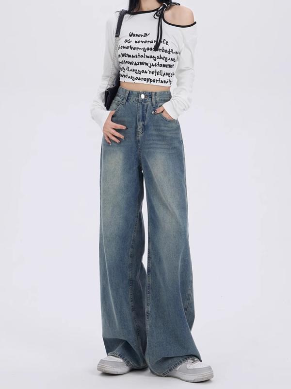 デニムパンツ レディース 秋冬 ワイドレッグ 直筒 コットン 素材 高腰 グラデーションカラー ヴィンテージ 風 ゆったり シルエット ノンストレッチ 長丈 落ち感 スリム効果 シンプル 日常使い 軽量 加工 グレー ブルー ブラック グレー 通年対応