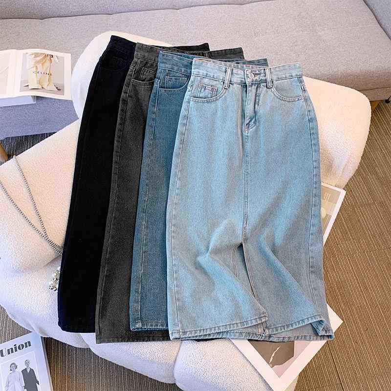 スカート 女性用 ハイウエスト 開き デニム 半身スカート 夏 ミッドレングス Aライン スリム 復古 タイト 綿素材 日韓カジュアル シンプル 切り替え デザイン 復古ブルー ライトブルー ブラックグレー ブラック