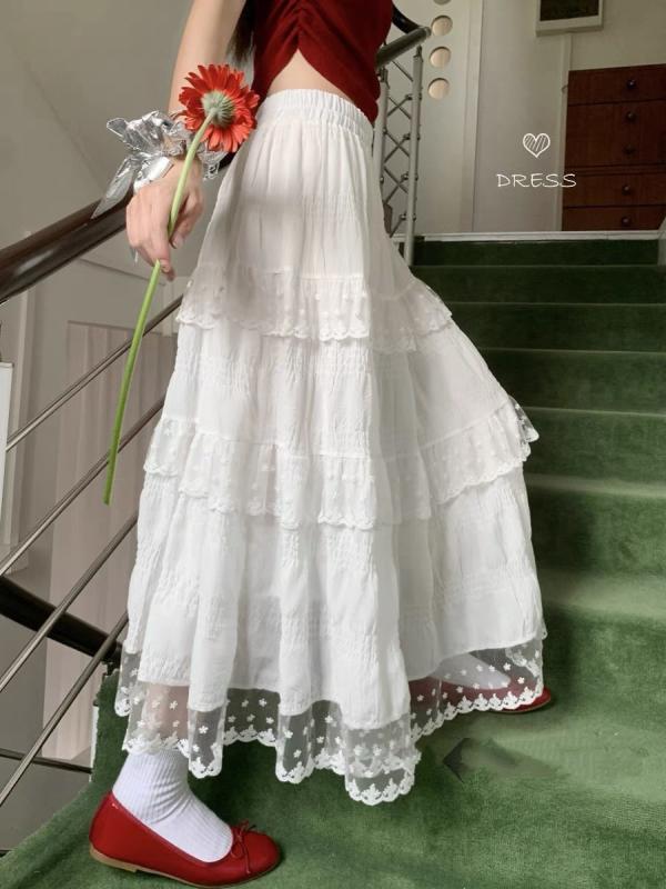 スカート 女性用 春夏 半身 ミディ丈 蛋・啾スカート 高腰 レース 花辺 切り替え デザイン 白色 かわいい スタイル ポリエステル 再生繊維 微弾力 軽量 涼しい 接触冷感 通勤 普段使い フェミニン シルエット スリム効果 清楚 甘め