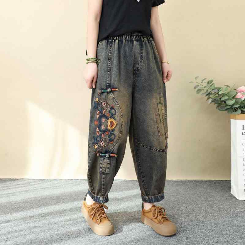 レディース 牛仔パンツ 春夏 ワイドレッグ ハーレムパンツ 九分丈 高腰 刺繍 ビンテージ ウォッシュ加工 デニム 綿素材 ゆったり大サイズ 復古風 カラフル 盤ボタン 軽量 伸縮性 ブルー系 アイボリー ピンク 通勤 普段使い アウトドア