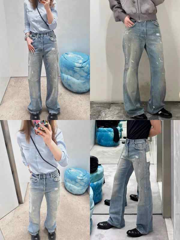 レディース デニムパンツ 牛仔布 高腰 ワイドレッグ ロング丈 直筒 破れデザイン ヴィンテージ風 インクプリント 加工 ゆったりシルエット 薄手素材 ブルー トレンド ストリートスタイル 通勤 普段使い 軽量 快適