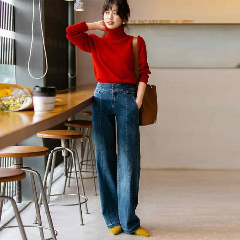 パンツ 女性用 春夏 デニム ロングパンツ ハイウエスト ワイドレッグ 伸縮性 綿混 ポリエステル混 深色 シンプルスタイル 日常使い 軽量 洗い加工 復古風 ゆったりシルエット 通勤対応 カジュアル