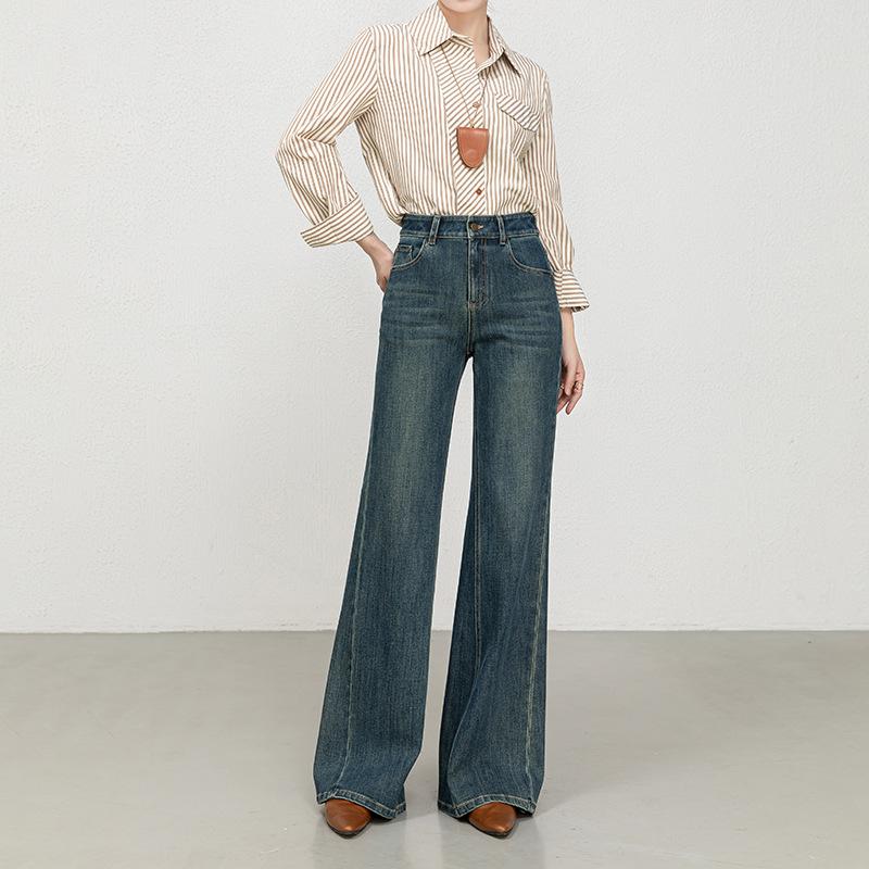 レディース デニムパンツ 春夏 微喇 ハイウエスト コットン ポリエステル ストレッチ ワイドレッグ ロング丈 ゆったりシルエット 軽量 吸湿速乾 日韓カジュアル 普段使い 通勤 デイリー ヴィンテージブルー ビッグシルエット 脚長効果 快適 洗い加工 7,136円