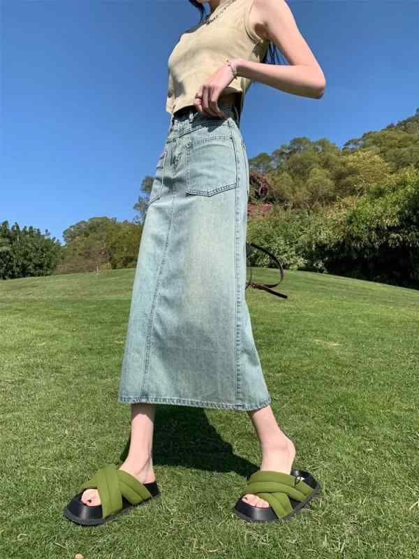 スカート 女性用 ミディ丈 Aライン ハイウエスト デニム 綿素材 ライトブルー 通勤風 修身シルエット スリムライン 切り替えデザイン バックスリット 夏用 軽量 通年対応
