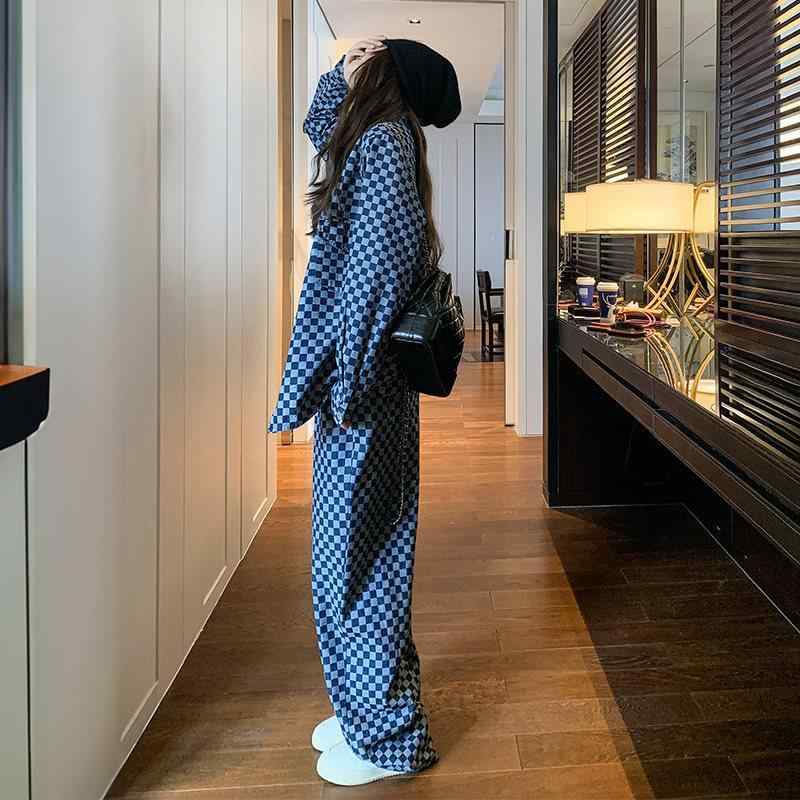 レディース 秋冬 格子柄 ゆったり ルーズ デニム 風 ジャケット セット アップ ワイドパンツ 2点セット コットン 素材 長袖 ロングパンツ ストリート カジュアル 快適 普段使い 伸縮性 軽量 秋 コーデ トップス ボトムス｜フォークBR