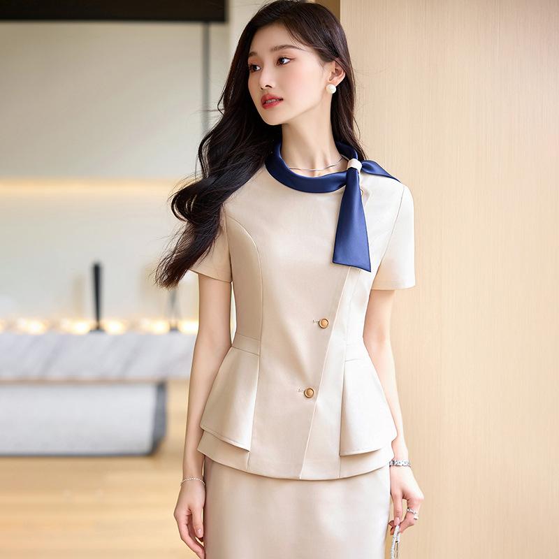 レディース 西装 ジャケット セット 杏色 ブラック ブルー ショートスリーブ コントラスト 職業 休? ジャケット スカート パンツ 組み合わせ ?? 素材 気質 優雅 スタイル 長ズボン 通常袖 春夏 通勤 普段使い 軽量 伸縮性 セットアップ
