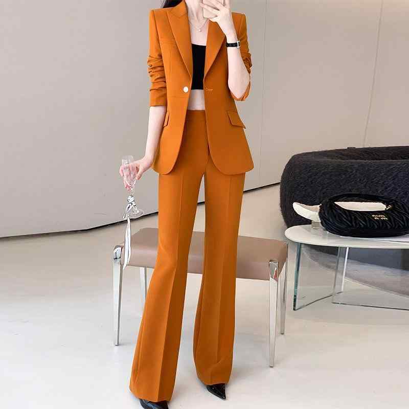 レディース スーツ セット 女性用 春秋 ビジネス ジャケット ロングパンツ 通勤 気質 都市風 長袖 飛袖 デザイン 純色 ポリエステル 素材 伸縮性 軽量 ブラック オレンジ レッド トップス ボトムス セットアップ 普段使い 洗練 スタイル
