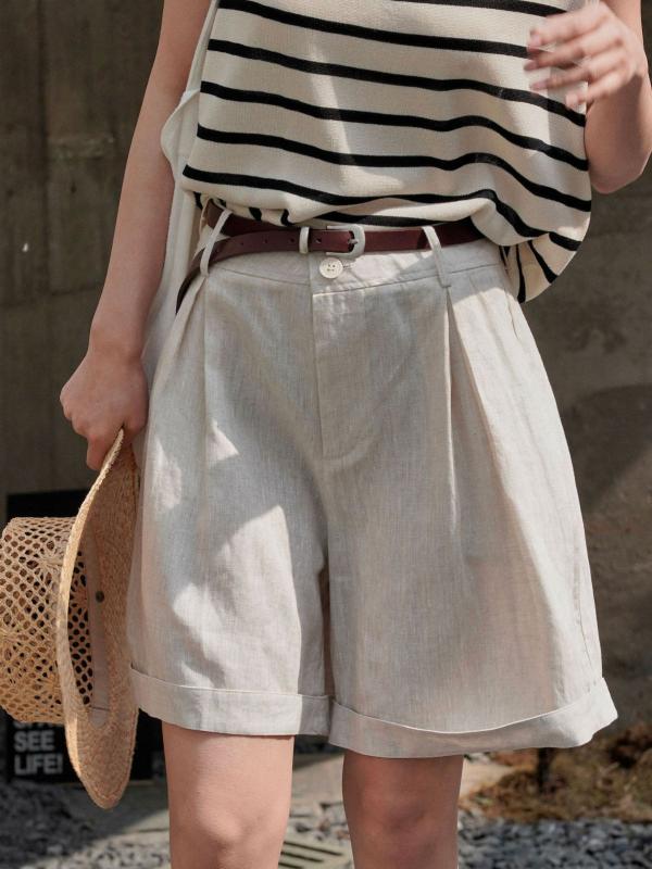 レディース 夏用 麻 ショートパンツ ハイウエスト ワイドレッグ ルーズ 巻き縁 薄手 微弾性 切り替え シワ加工 ナビーブルー ベージュ かわいい 普段使い 軽量 通気性 吸湿速乾 スリム効果 日韓カジュアル｜フォークBR