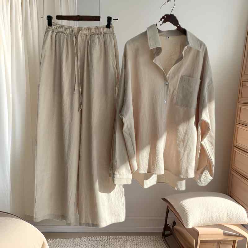 レディース 春夏 麻混 切り替え ワイドパンツ ロングスリーブ シャツ セット 気質 通勤 スタイル ゆったり 大きいサイズ 綿麻 素材 ポリュエステル 混紡 長袖 ボタン デザイン ベーシック カラー ブラック グレー グリーン ホワイト ピンク ブル