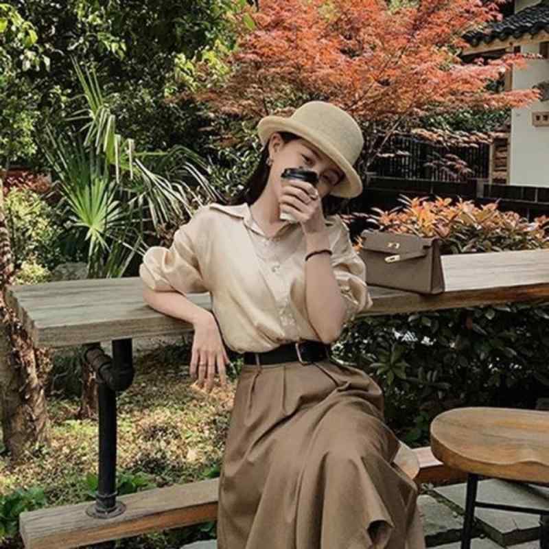 レディース セットアップ 香?色 シャツ ロングスカート 長袖 フレアスリーブ 通勤用 セット 気質スタイル ポリエステル 素材 ボタン デザイン プリント加工 純色 ロング丈 スカート ウエストベルト 付き 軽量 伸縮性 普段使い 可能 秋冬 春夏 対
