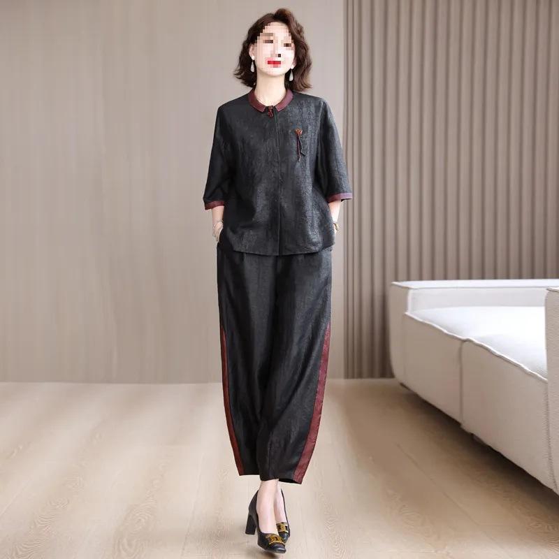 レディース 春夏 中華風 真絲 シャツ 桑蚕絲 ハーレムパンツ セット ブラック 長ズボン 無袖 通常袖 気質 優雅 気軽 スタイル 復古 デザイン ポリエステル 混紡 軽量 通勤 普段使い トップス ボトムス 組み合わせ|フォークBR
