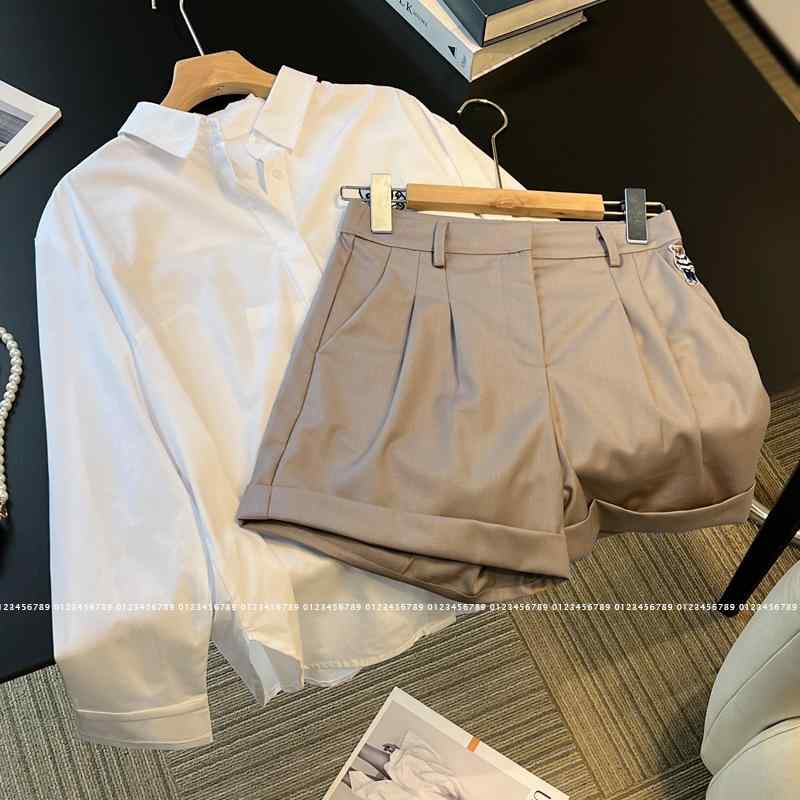 レディース セットアップ 白 Vネック 長袖 シャツ ワイドパンツ 気品 通勤風 ポリエステル ポリエステル混紡 軽量 シワ加工 夏 春夏 女性用 トップス ボトムス ゆったり Aライン 普段使い ビジネスカジュアル 爽やか スタイル コーディネート