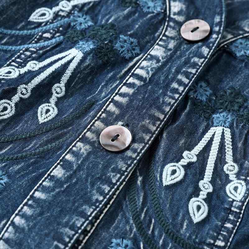 レディース 牛仔 セットアップ 刺繍 シャツ スカート ミドル丈 半袖 トップス 綿素材 デニムカラー 復古風 中国風 気質 スタイル ゆったり シルエット ボタン ディテール 幾何学 プリント 軽量 伸縮性 吸湿速乾 普段使い セット コーディネート